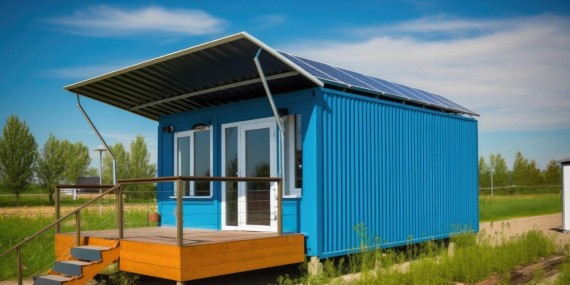 The battery is charged by a solar cell in a new ecologically friendly house using solar panels as an alternative to conventional energy sources